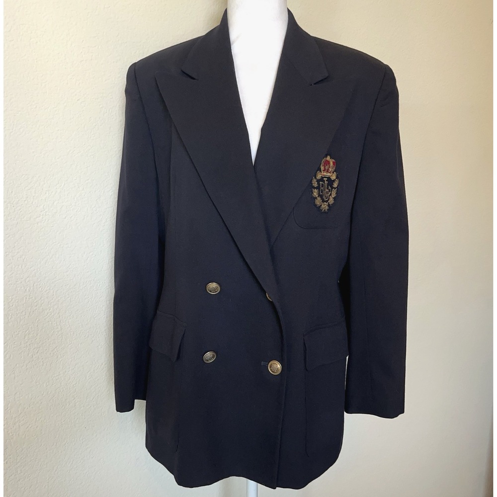 RALPH LAUREN Womens Size 14 Double Breasted Blazer Wool Gold Crest Navy USA Made
